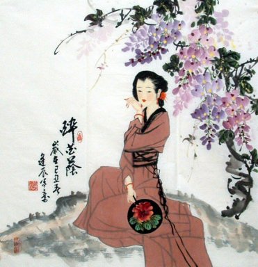 Красивая дама, цветы - китайской живописи