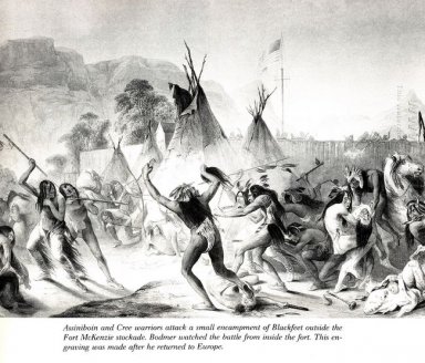 Assiniboin e Cree guerrieri attaccano Blackfeet