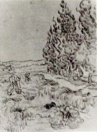 Cypresses With Four People Working In The Field 1890