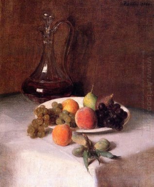 Графин вина и тарелку фруктов на белой скатерти 1865