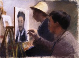 Oscar Bj?rck and Eilif Peterssen Painting Portraits of Georg Bra