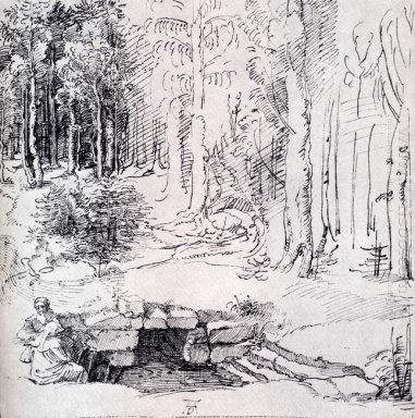 Waldlichtung mit einem ummauerten Brunnen von dem zwei Männer si