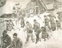 Les gens marchant devant couvert de neige Cottage 2 1890