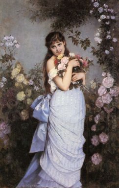 Una mujer joven en un jardín de rosas