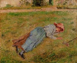 resting peasant girl lying on the grass pontoise 1882