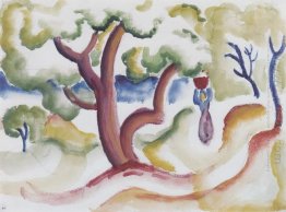 woman with pitcher under trees