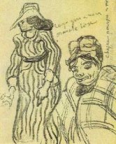 Sketch Of A Lady With Striped Dress And Hat And Of Another Lady