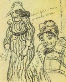 Sketch Of A Lady With Striped Dress And Hat And Of Another Lady