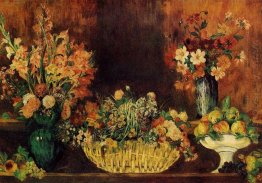 Vase Basket Of Flowers And Fruit 1890