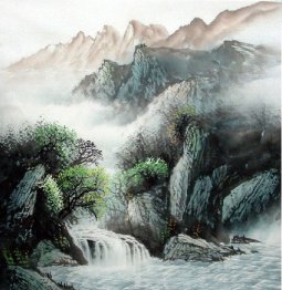 Waterfall, Mountains, Village - Chinese Painting