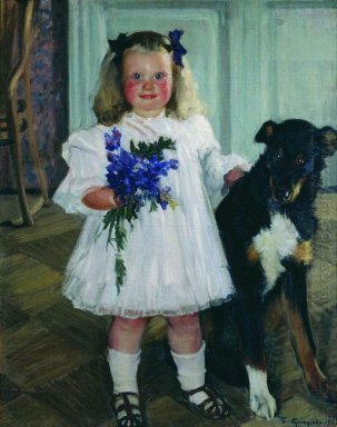 Porträt von Irina Kustodiev Mit Dem Hund Shumka 1907