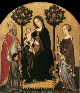 Mary a couronné avec l\'enfant, saints et un donateur