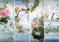 Oiseaux et fleurs - (quatre écrans) - Peinture chinoise