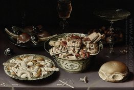 Three Dishes of Sweetmeats and Chestnuts with Three Glasses on a