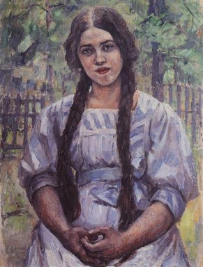 En flicka med flätor Stående av AA Dobrinskaya 1910