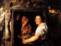 Servant With A Fruit Basket And A Pair Of Lovers