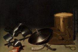 Still life with armor, shield, halberd, sword, leather jacket an