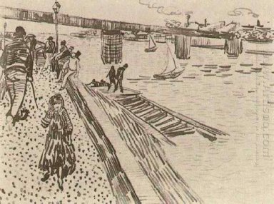 Beskåda av en flod Quay och Bridge 1888