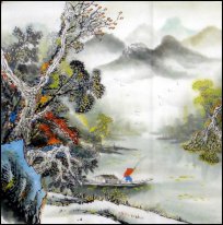 Mountain and waterfall, Tree - Chinese Painting