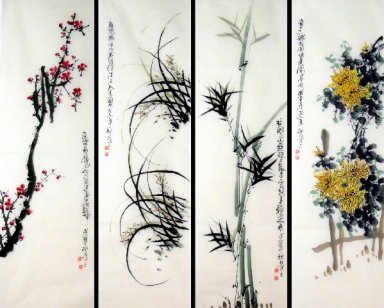 Prugna, orchidea, bambù, Crisantemo-FourInOne - Pittura cinese