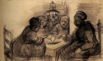 Fyra människor dela en måltid 1885