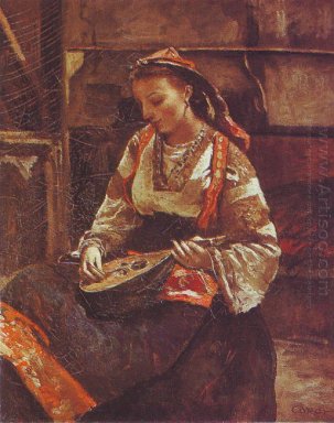 Donna seduta e suonare il mandolino 1870 italiano