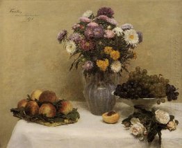 White Roses Chrysanthemums In A Vase Peaches And Grapes On A Tab