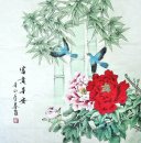Bamboo & Pion & Birds - kinesisk målning