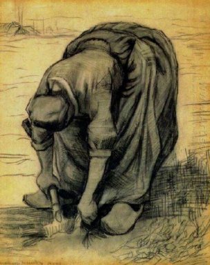 Peasant Woman framåtböjd med en spade gräva upp morötter 1885