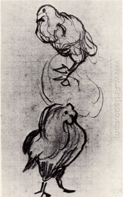 Croquis d\'une poule et un coq 1890