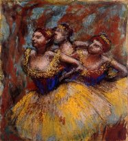 three dancers yellow skirts blue blouses