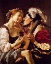 A Carousing Luteplayer con una mujer joven que sostiene un Roeme