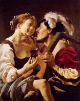 En Luteplayer carousing med en ung kvinna med en Roemer