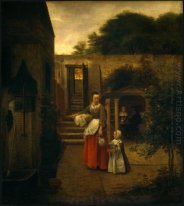 Vrouw en kind in een Binnenplaats