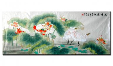 Crane & Lotus - peinture chinoise