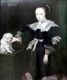 Portrait of an eleven year old girl with a dog, dressed in Spani