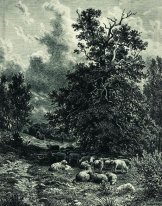 Стадо овец на опушке леса