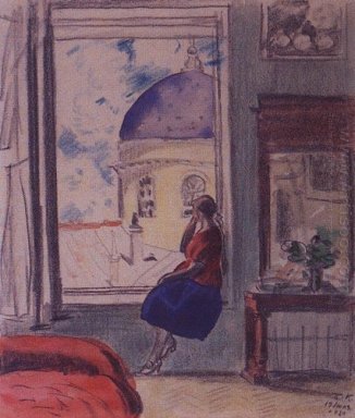 Intérieur de la figure féminine à la fenêtre studio 1920