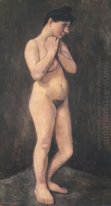 Standing female nude, her arms located in front of the chest