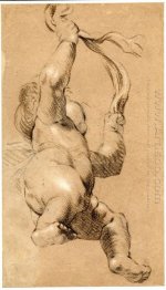 Sketch Of Putto Holding A Sash In Both Hands Seen From Below