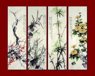 Pruim,Orchid,Bamboe, Chrysanthemum-Four InOne-- Chinees schilder