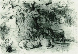 Herd Of Sheep Under An Oak Tree 1863