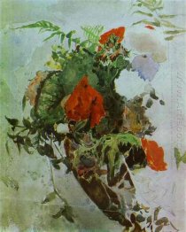 Red Flowers And Leaves Of Begonia In A Basket