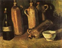 Still Life With Four Stone Bottles Flask And White Cup 1884