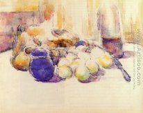 Blue Pot And Bottle Of Wine Aka Still Life With Pears And Apples