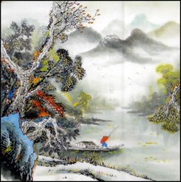 Mountain and waterfall, Tree - Chinese Painting