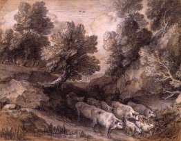 Wooded Landscape With Cattle And Goats