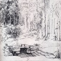 forest glade with a walled fountain by which two men are sitting