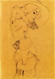 standing nude with large hat gertrude schiele 1910