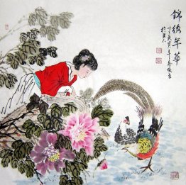 Beautiful Lady, Pheasants - Chinese Painting